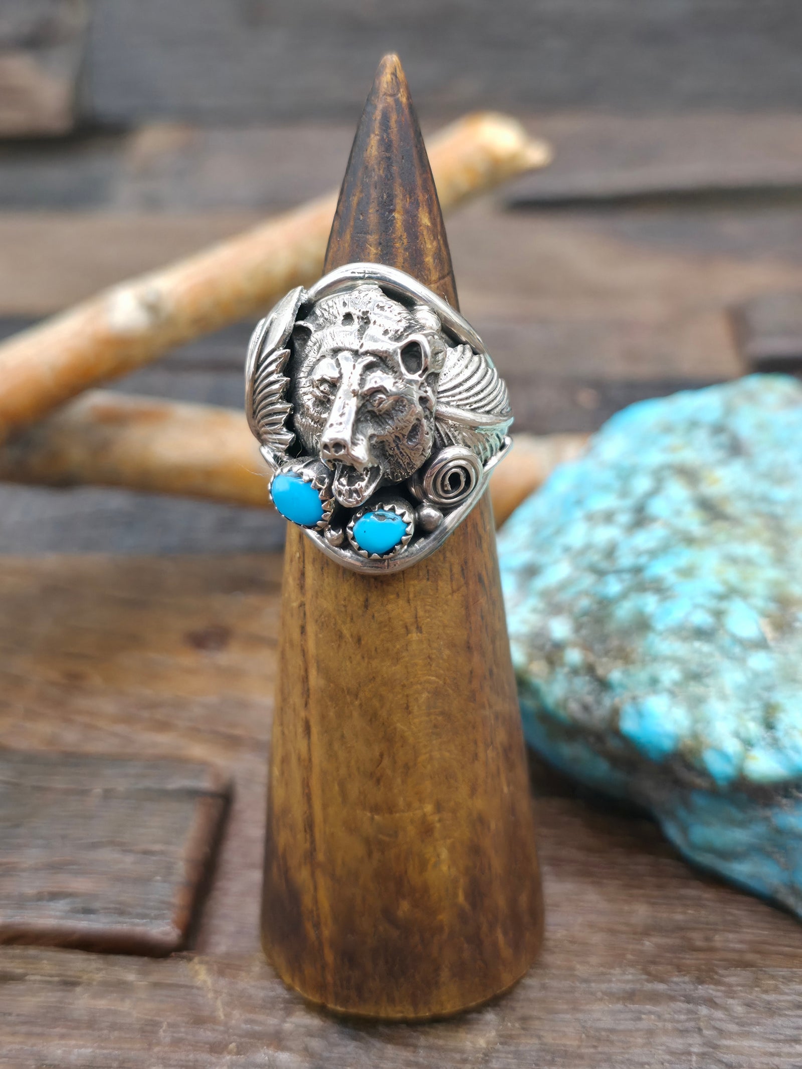 Two Stone Sterling Silver Bear Applique Turquoise Ring by "DM" - Size 9 1/2