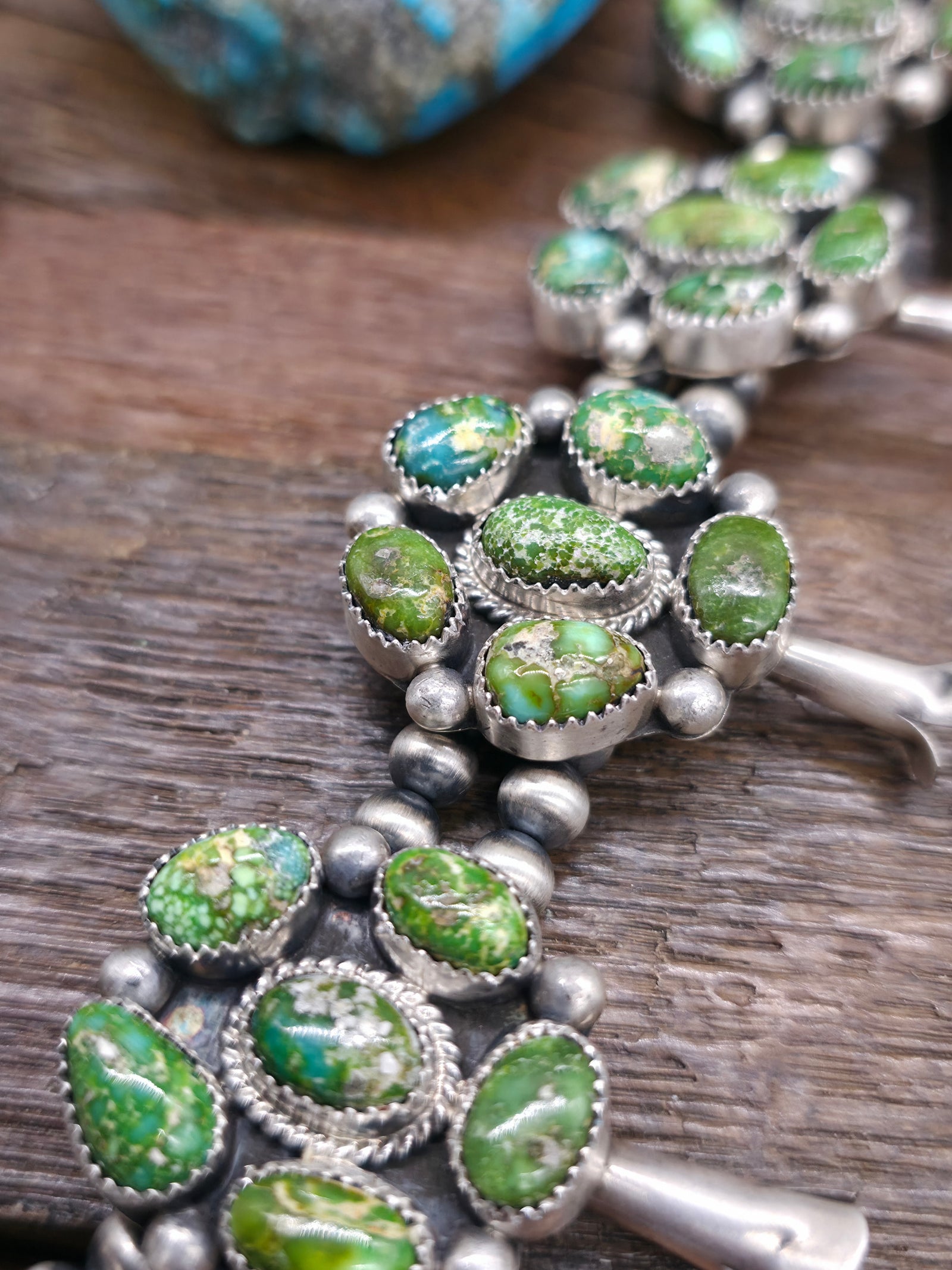 Sterling Silver Sonoran Turquoise Squash Blossom Necklace and Earring Set by Theresa Smith - 26 in.