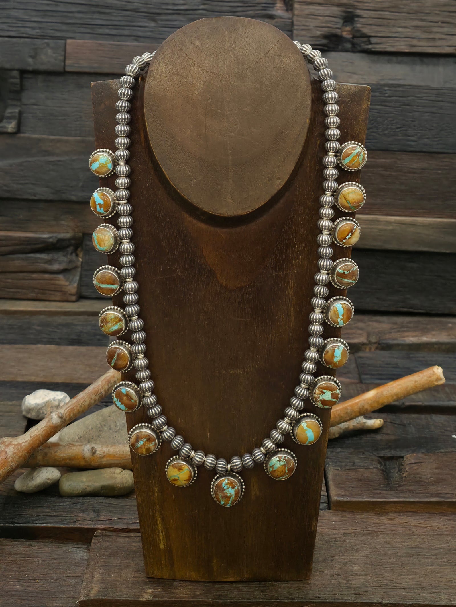 Royston Ribbon Turquoise and Fluted Sterling Silver Bead Necklace by Randal Enditto - 22 in. plus 2 in. extender