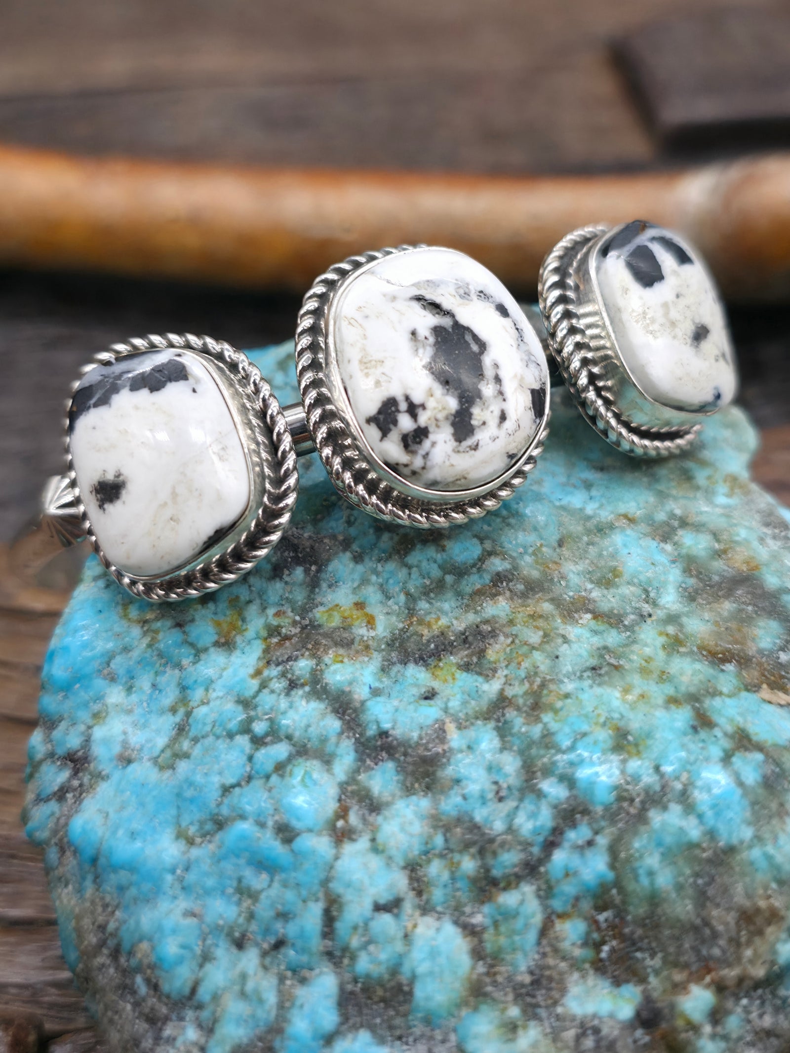Sterling Silver and White Buffalo Three Stone Cuff by Rosella Paxson - 6 1/2 in. with Gap