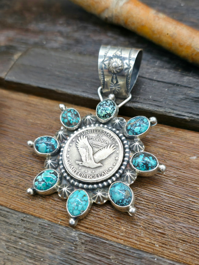 Blue Turquoise Eagle Quarter Coin Pendant by Rosella Paxton
