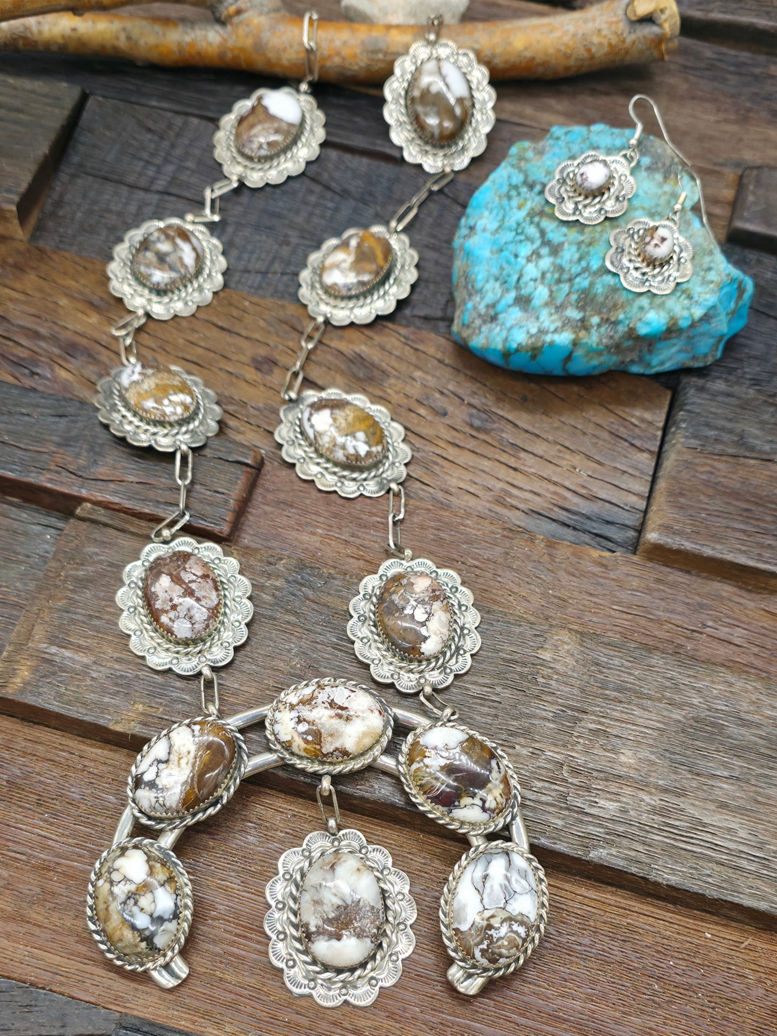 Stamped Sterling Silver Wild Horse Naja Necklace and Earring Set by Elroy and Bernadine Chavez - 30 in.