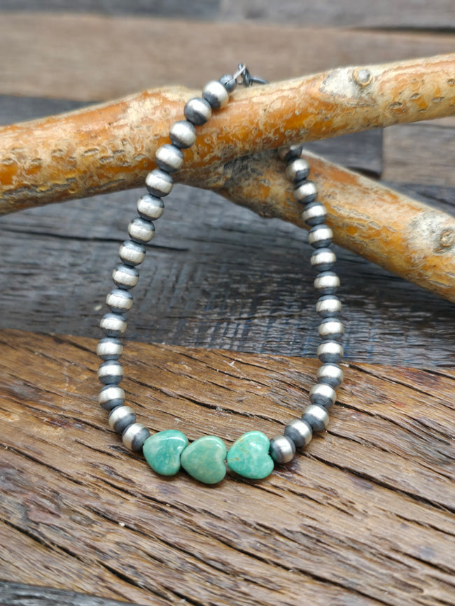 Oxidized Sterling Silver Bead Bracelet with Green Turquoise Hearts - 7 1/2 in.