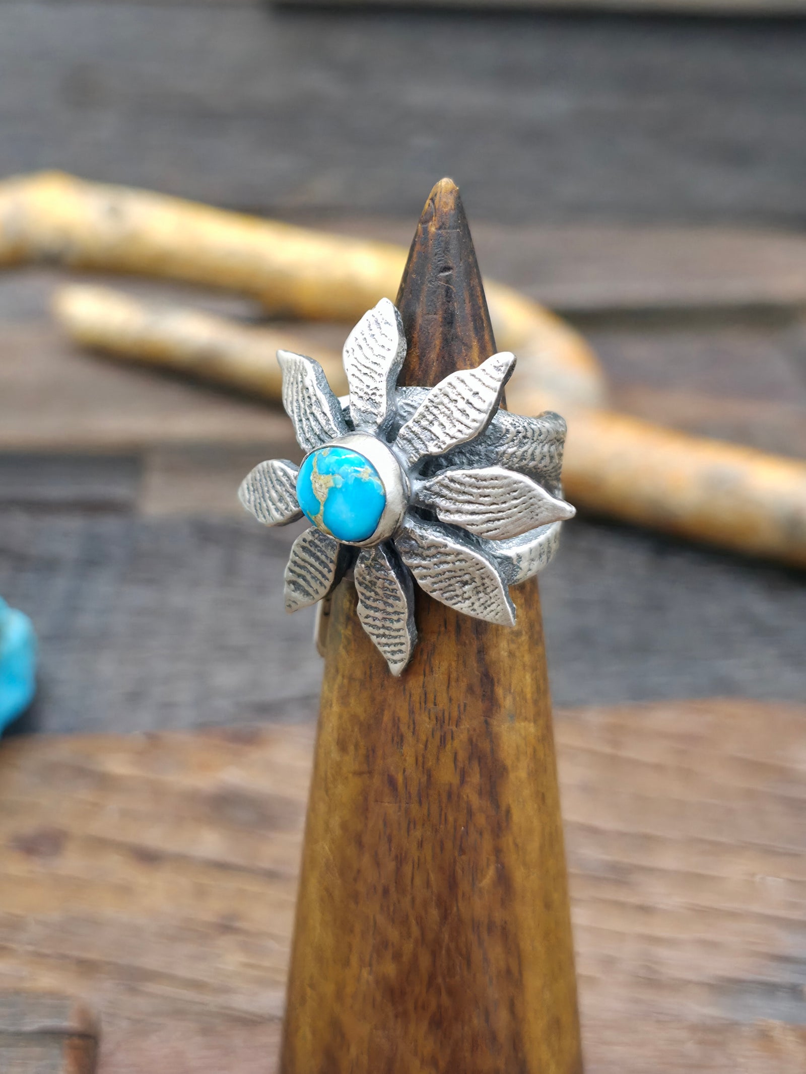 Sterling Silver and Turquoise Flower Ring by Itancio Manuelito - Size 7