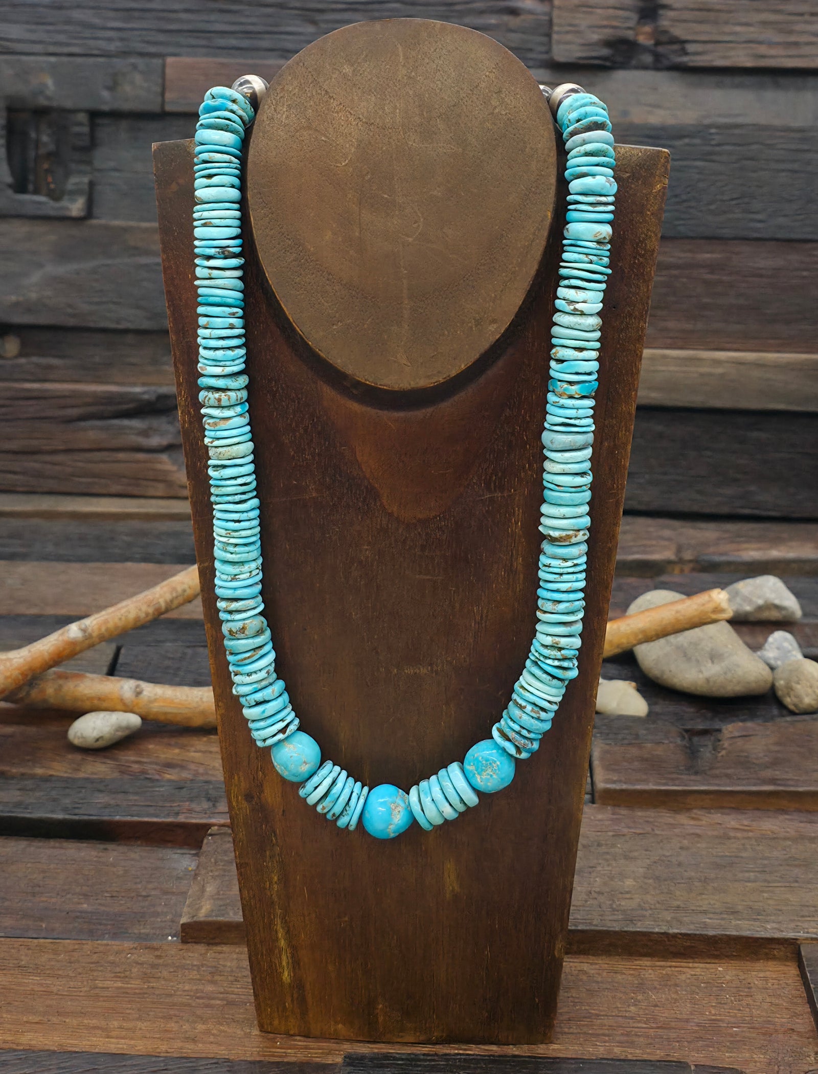 Mixed Turquoise Disc and Nugget Necklace - 21 in.