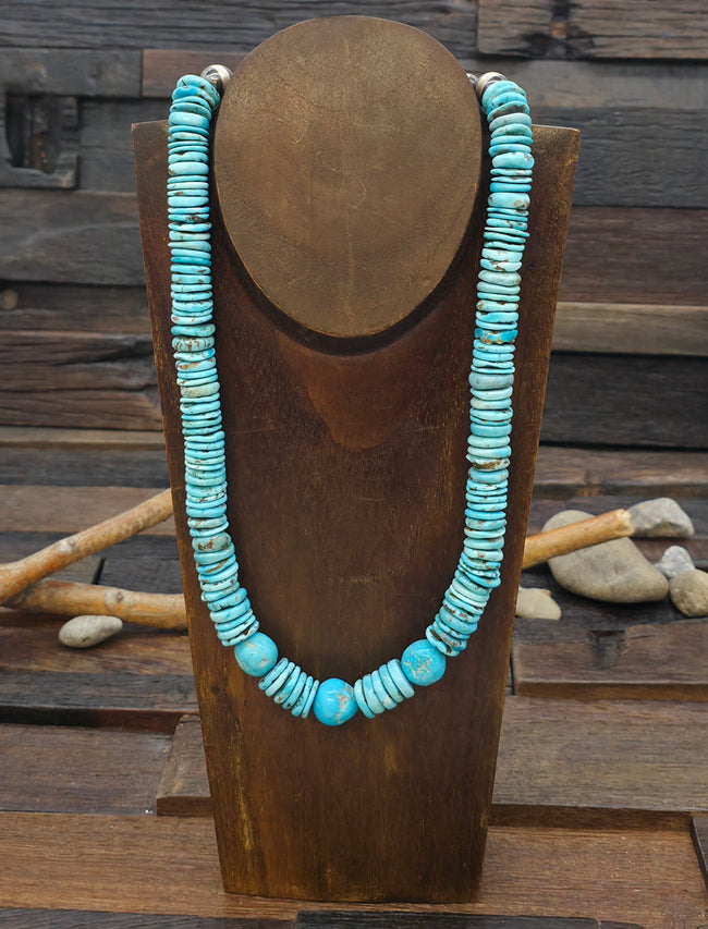 Mixed Turquoise Disc and Nugget Necklace - 21 in.