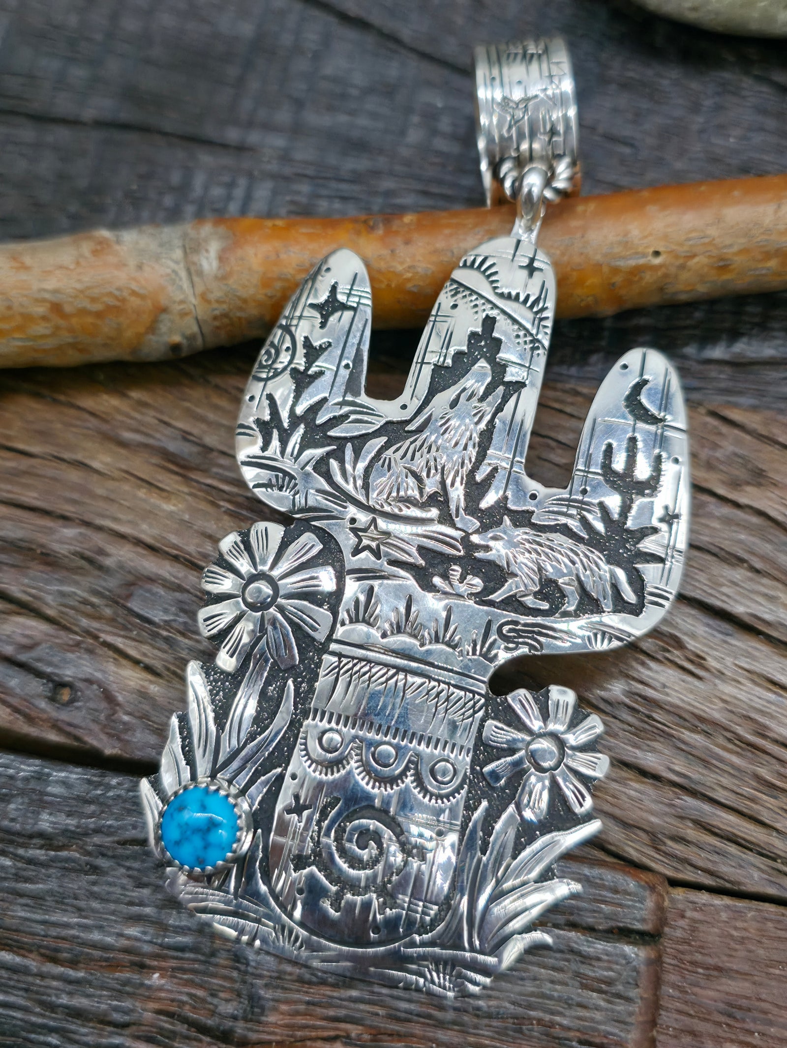 Large Sterling Silver and Turquoise Cactus Pendant by Richard Singer - 4 1/2 in. by 2 in.