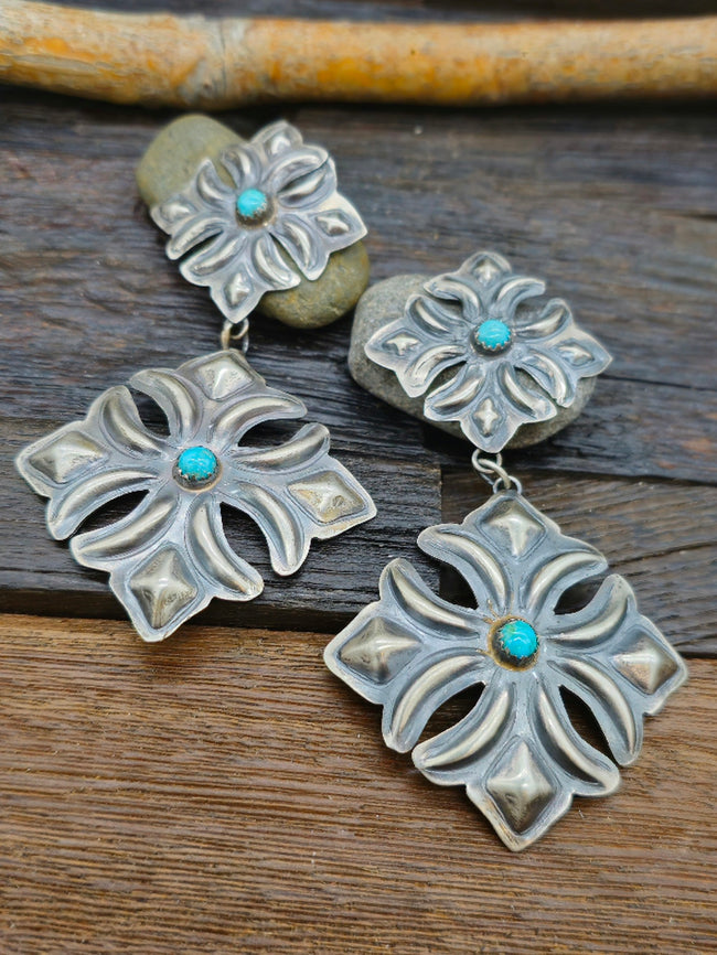 Sterling Silver and Turquoise Cross 2-Drop Post Earrings by Gabrielle Yazzie 3 3/4" by 2"