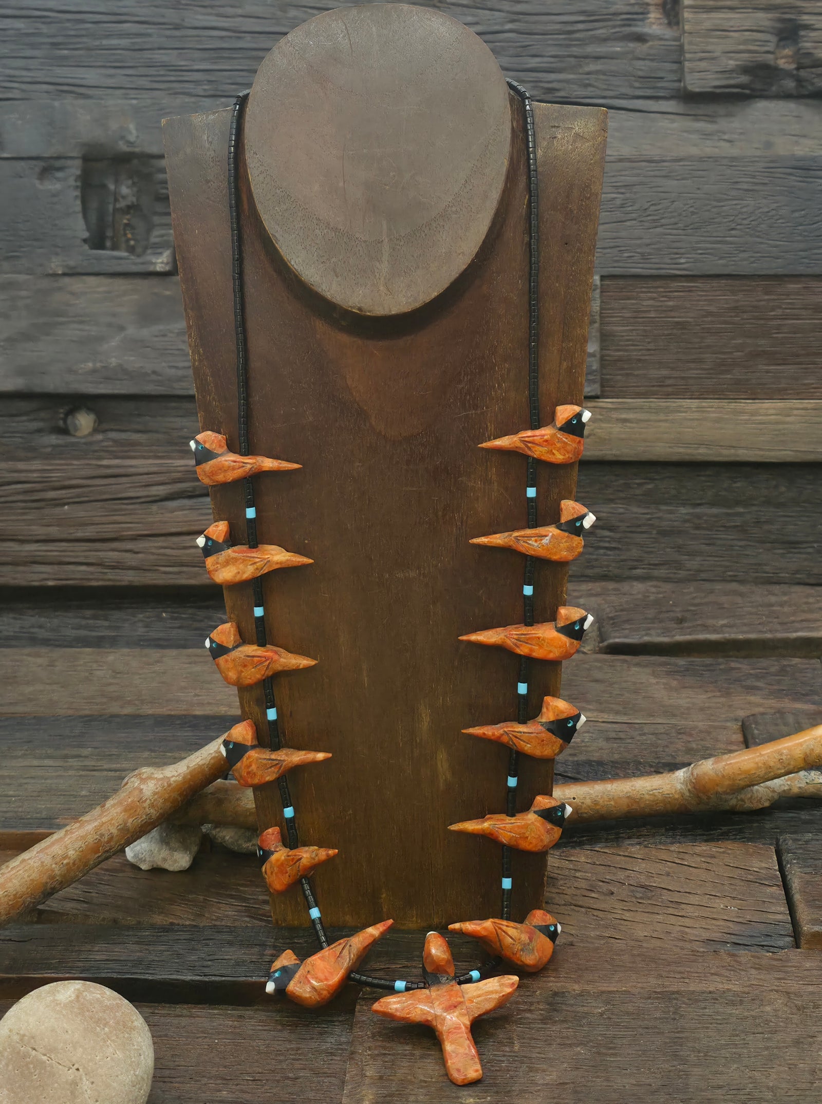 Apple Coral 13 Cardinal Necklace with Jet Heishi by Matt Mitchell - 28 in.