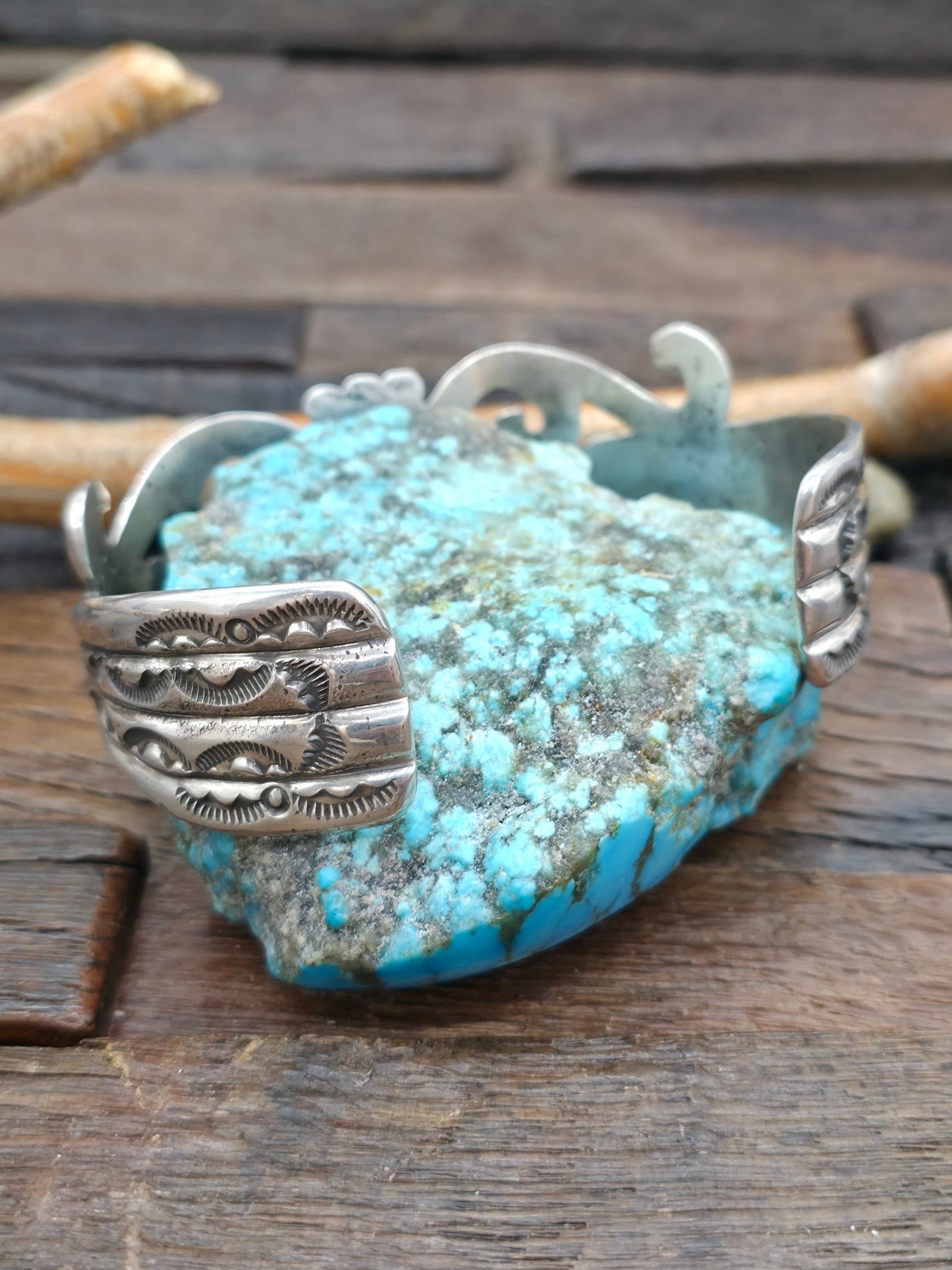 Extra Large Cast and Stamped Sterling Silver and Turquoise Cuff - 9 in. with Gap