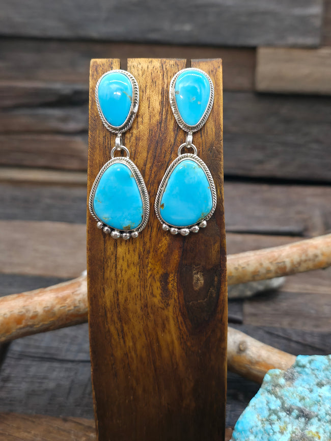Two Stone Sterling Silver Kingman Turquoise Earrings by Betty Tom