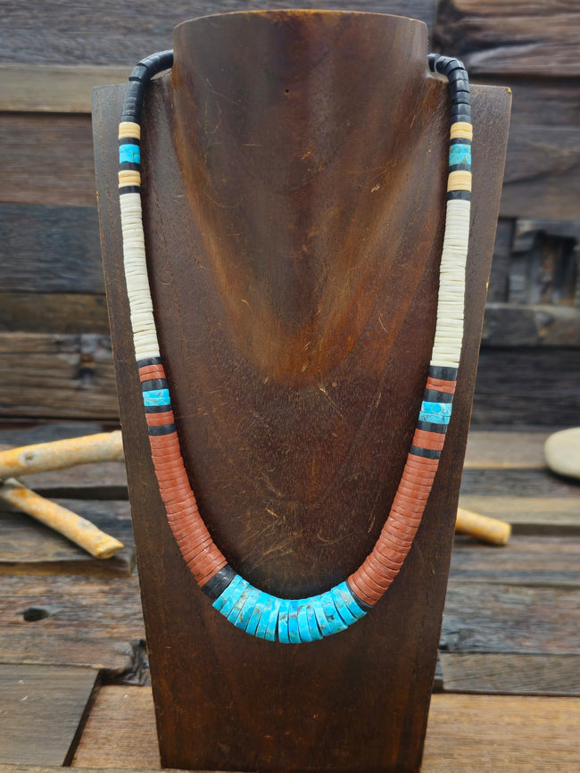 Pipestone, Jet, and Turquoise Heishi Necklace by Torevia Crespin - 20 in