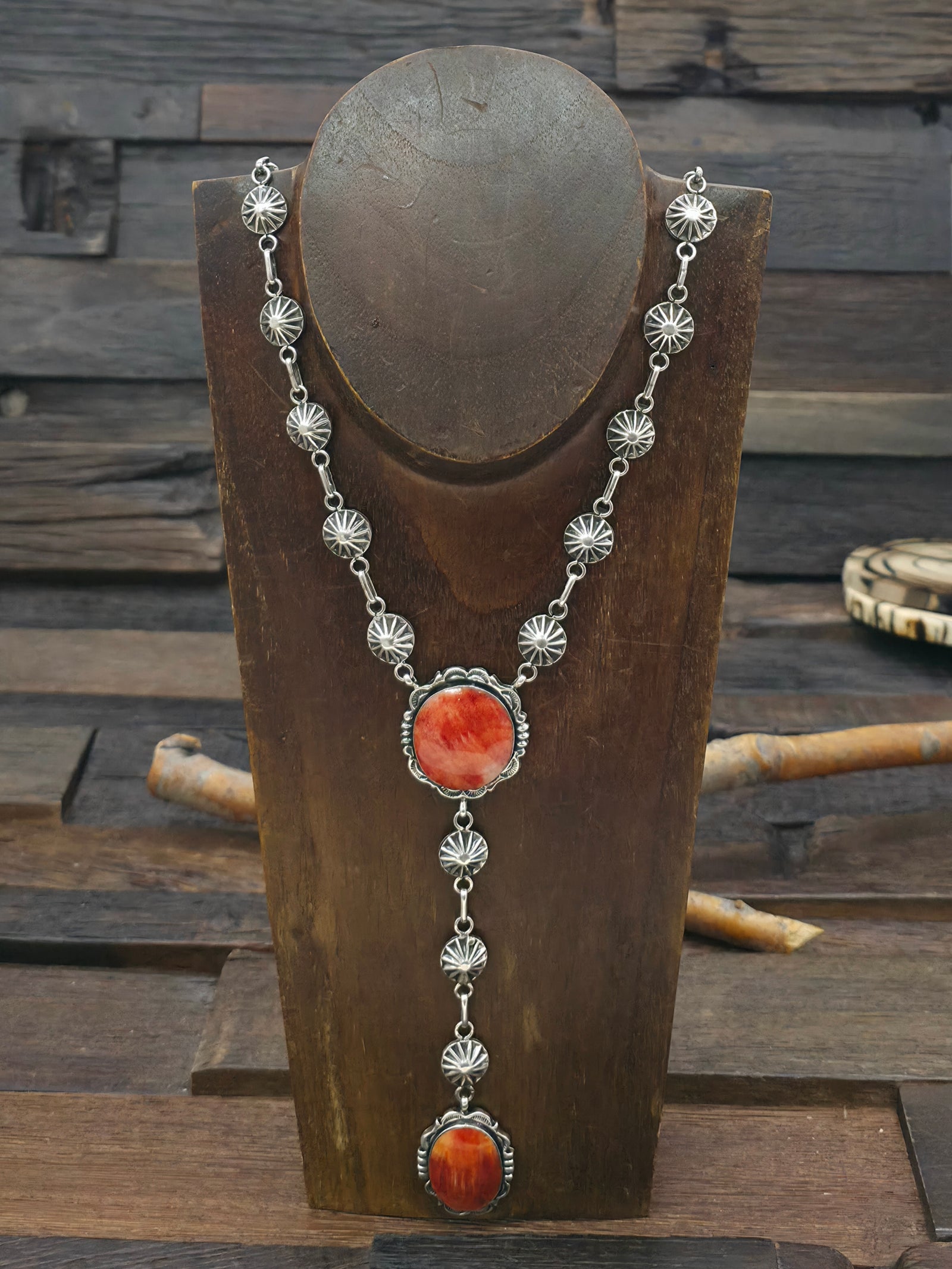 Sterling Silver Spiny Oyster Lariat Necklace by Leona Delgarito - 26 in. with 5 1/2 in. Drop