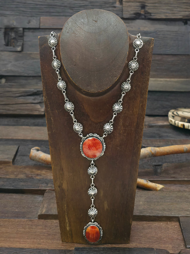 Sterling Silver Spiny Oyster Lariat Necklace by Leona Delgarito - 26 in. with 5 1/2 in. Drop