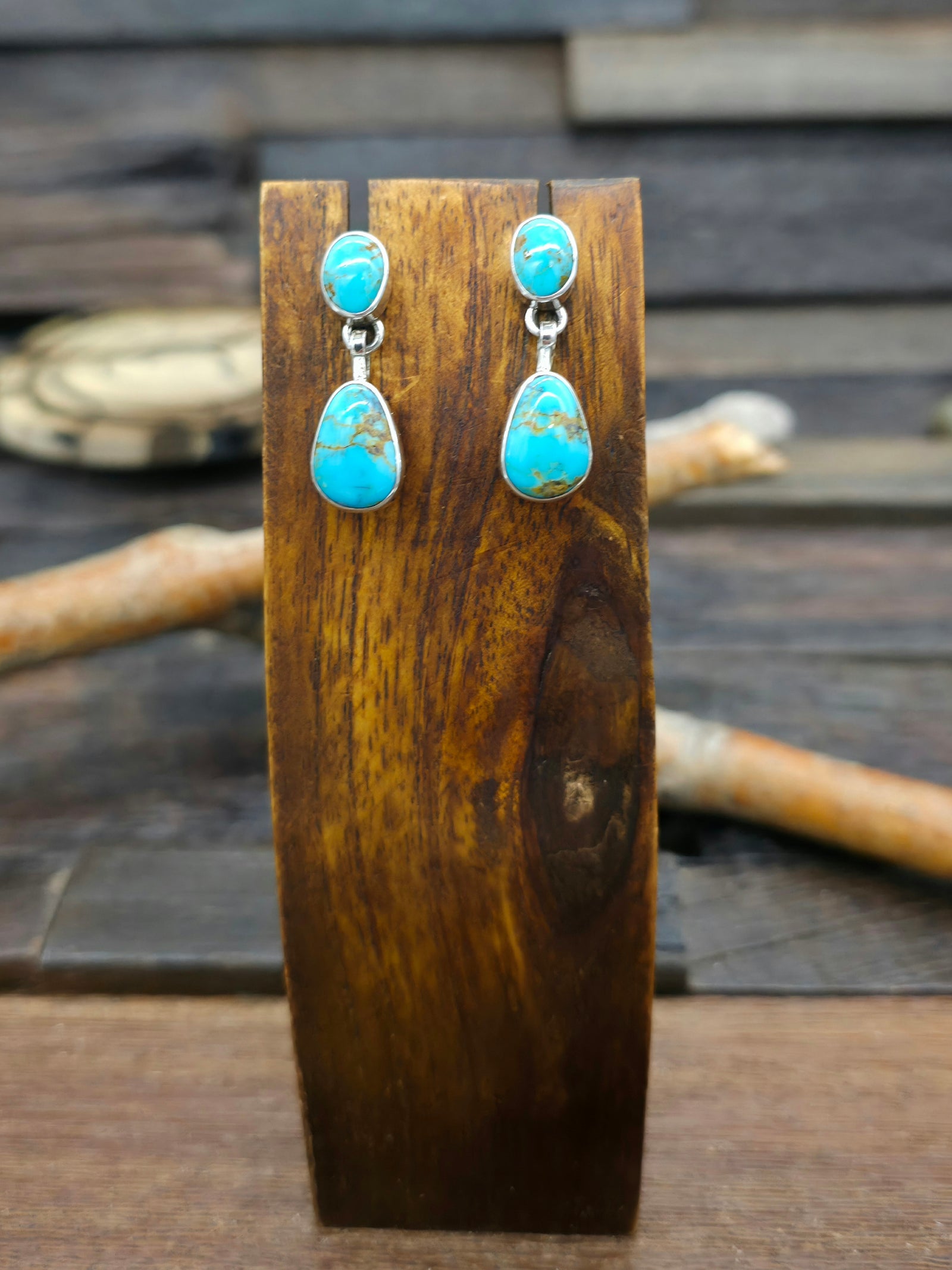 Two Stone Blue Turquoise Sterling Silver Post Dangle Earrings