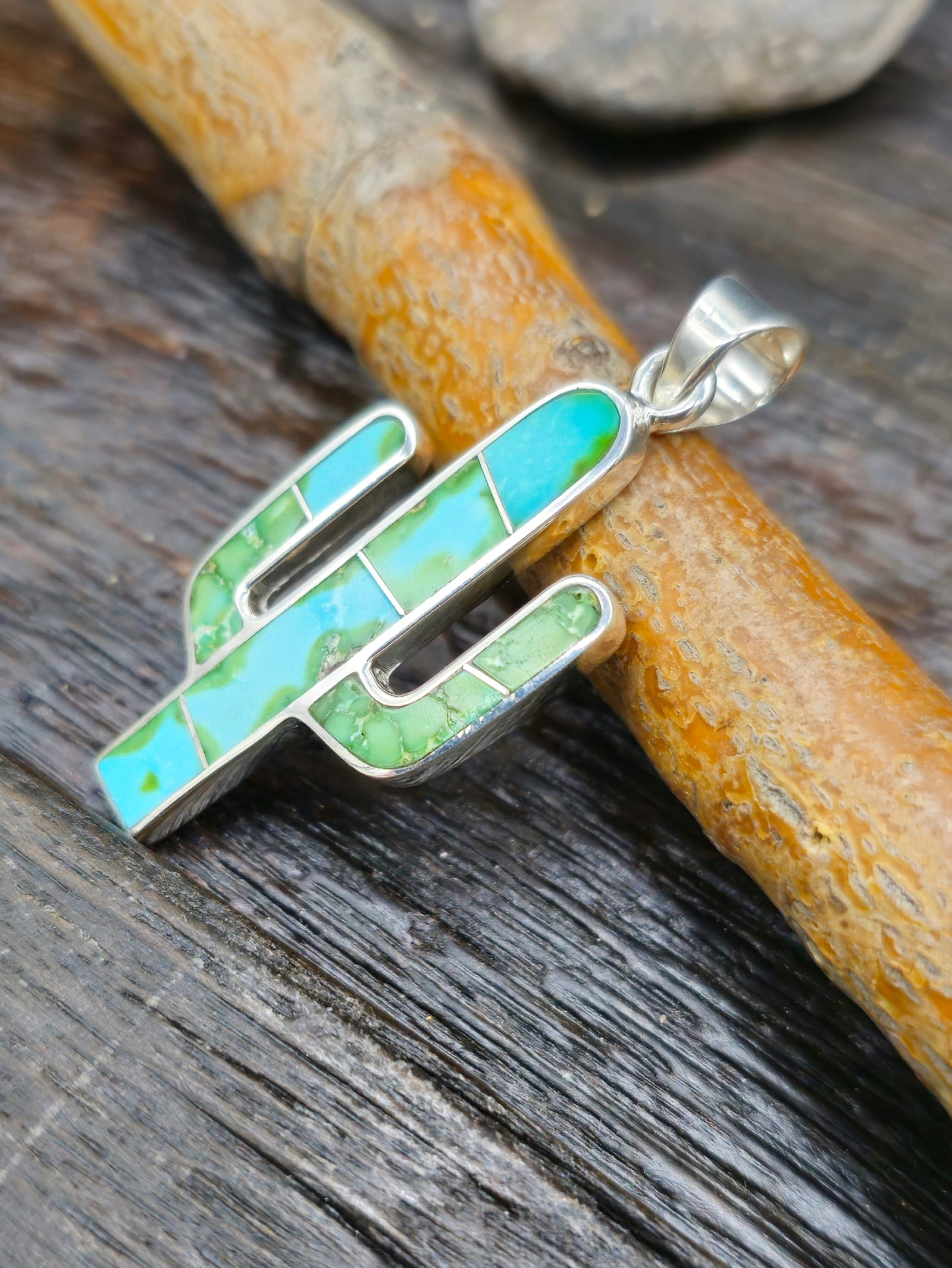 Green Turquoise Sterling Silver Inlay Cactus Pendant