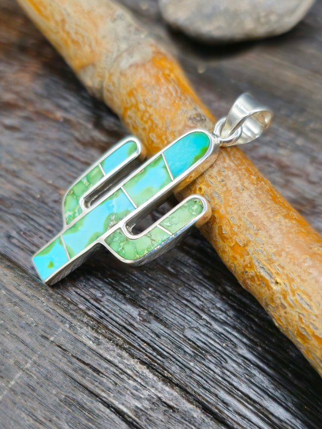 Green Turquoise Sterling Silver Inlay Cactus Pendant