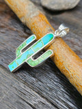 Green Turquoise Sterling Silver Inlay Cactus Pendant