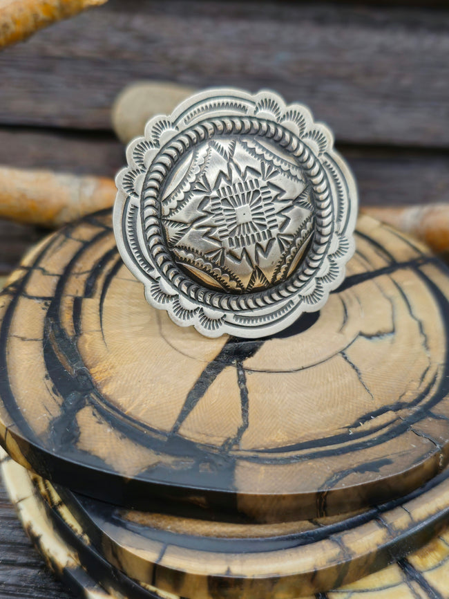 Adjustable Stamped Sterling Silver Ring by Leander Tahe