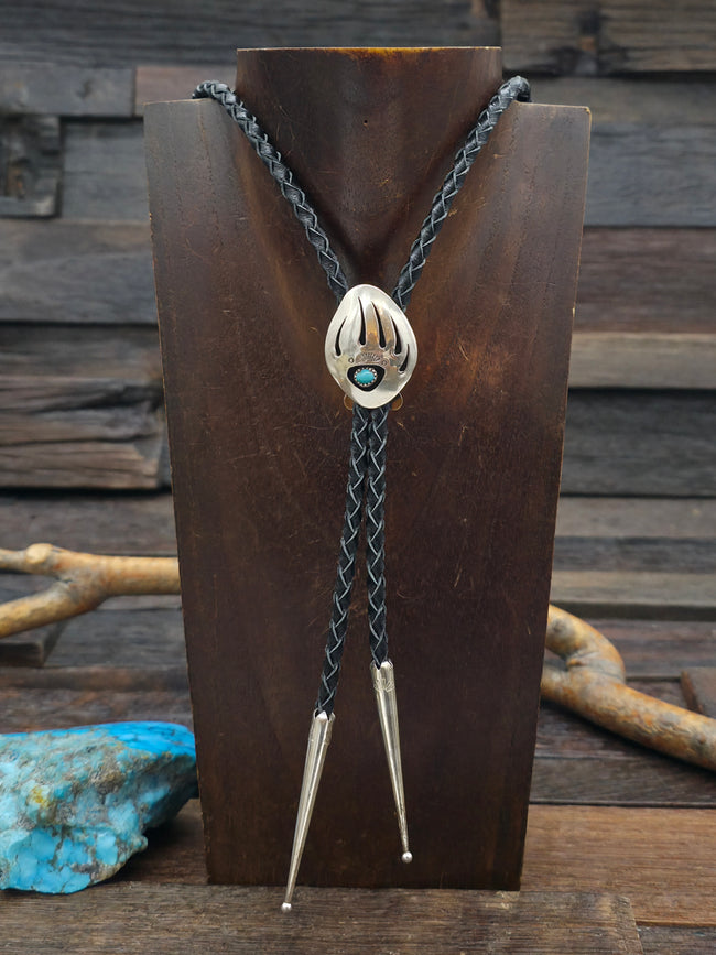 Stamped Sterling Silver Bear Paw Shadowbox Bolo with Turquoise