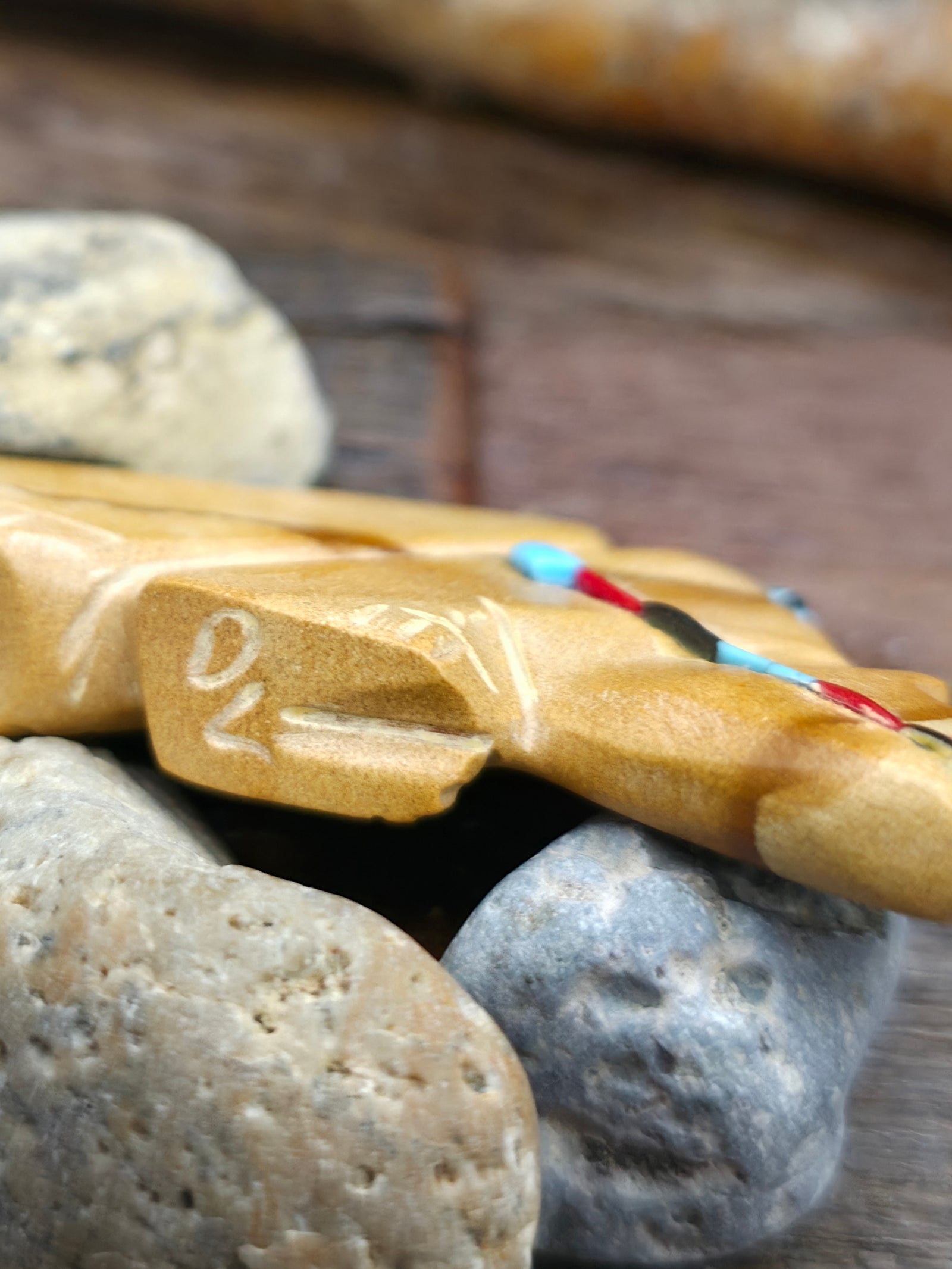 Hand Carved Bear Fetish with Turquoise, Coral, and Jet Inlay by Danette Laate