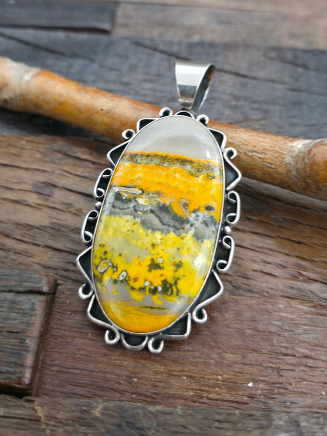 Chimney Butte Large Sterling Silver Bumblebee Jasper Pendant - 3 in. by 1 1/2 in.