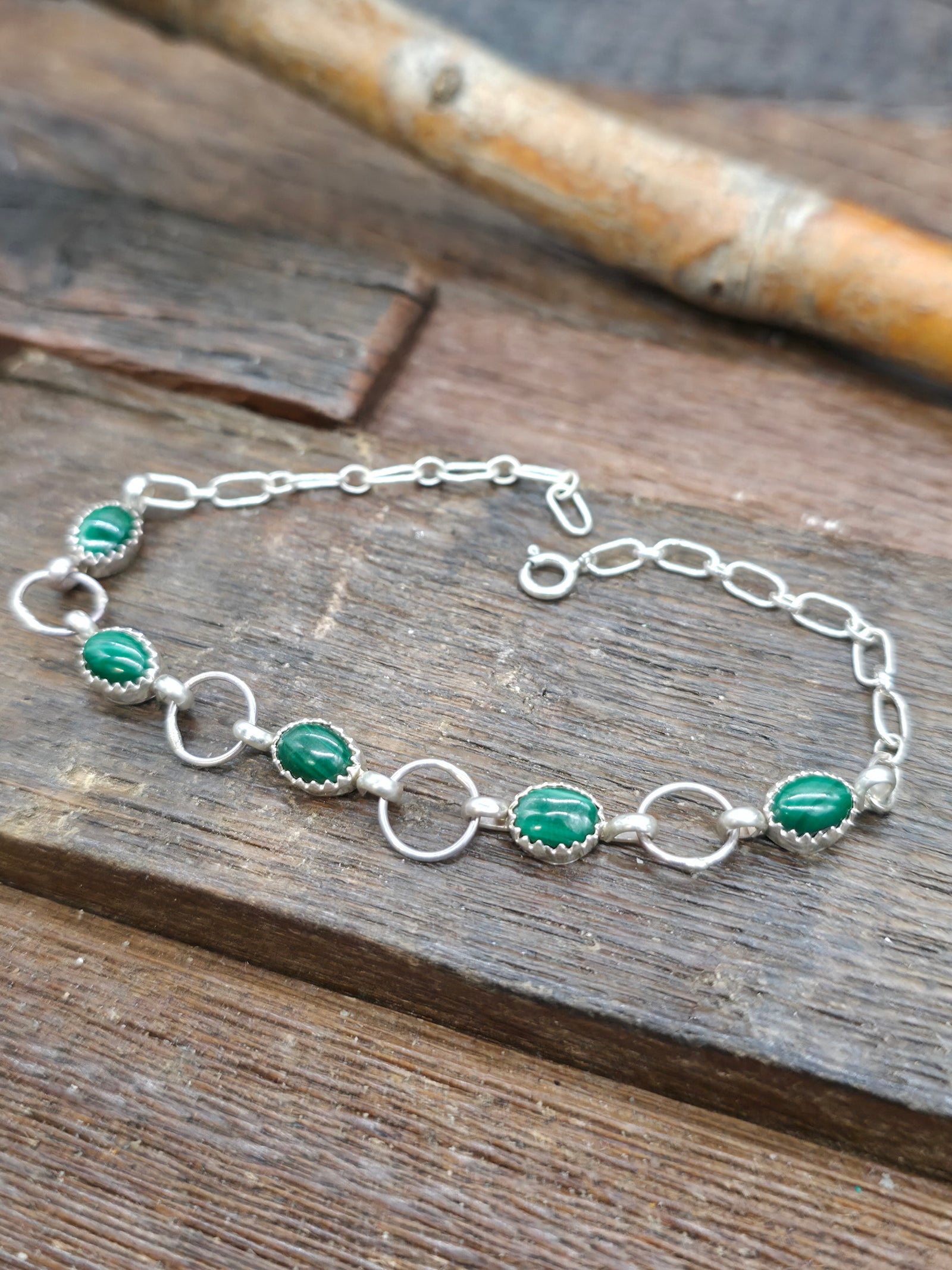 Five Stone Sterling Silver and Malachite Link Bracelet - 7 1/2 in.