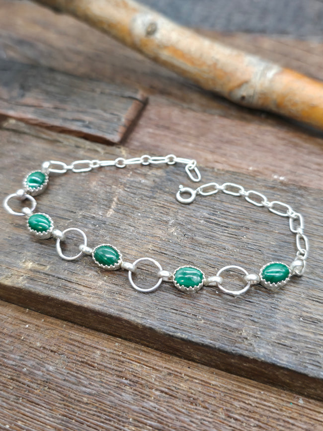 Five Stone Sterling Silver and Malachite Link Bracelet - 7 1/2 in.