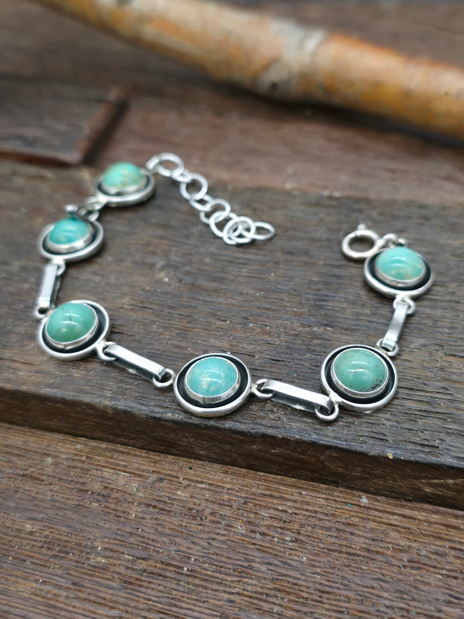 Six Stone Sterling Silver Turquoise Shadowbox Link Bracelet by Martin Perry - 8 in.