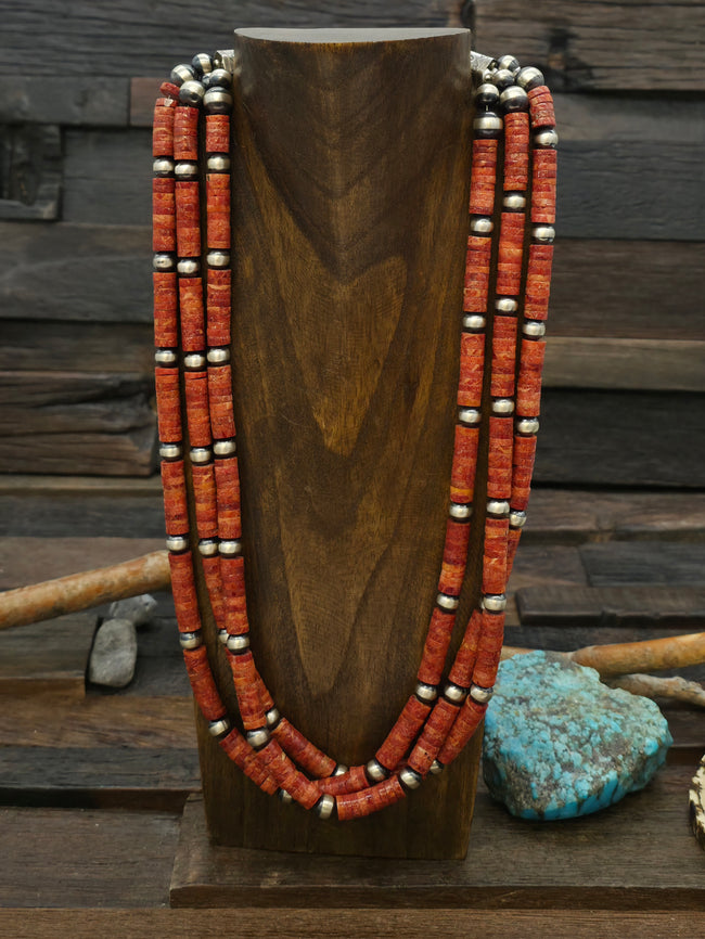 Three Strand Apple Coral and Oxidized Sterling Silver Bead Necklace by Fred Archuleta - 24 in. w/6 in. Extender
