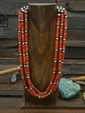 Three Strand Apple Coral and Oxidized Sterling Silver Bead Necklace by Fred Archuleta - 24 in. w/6 in. Extender