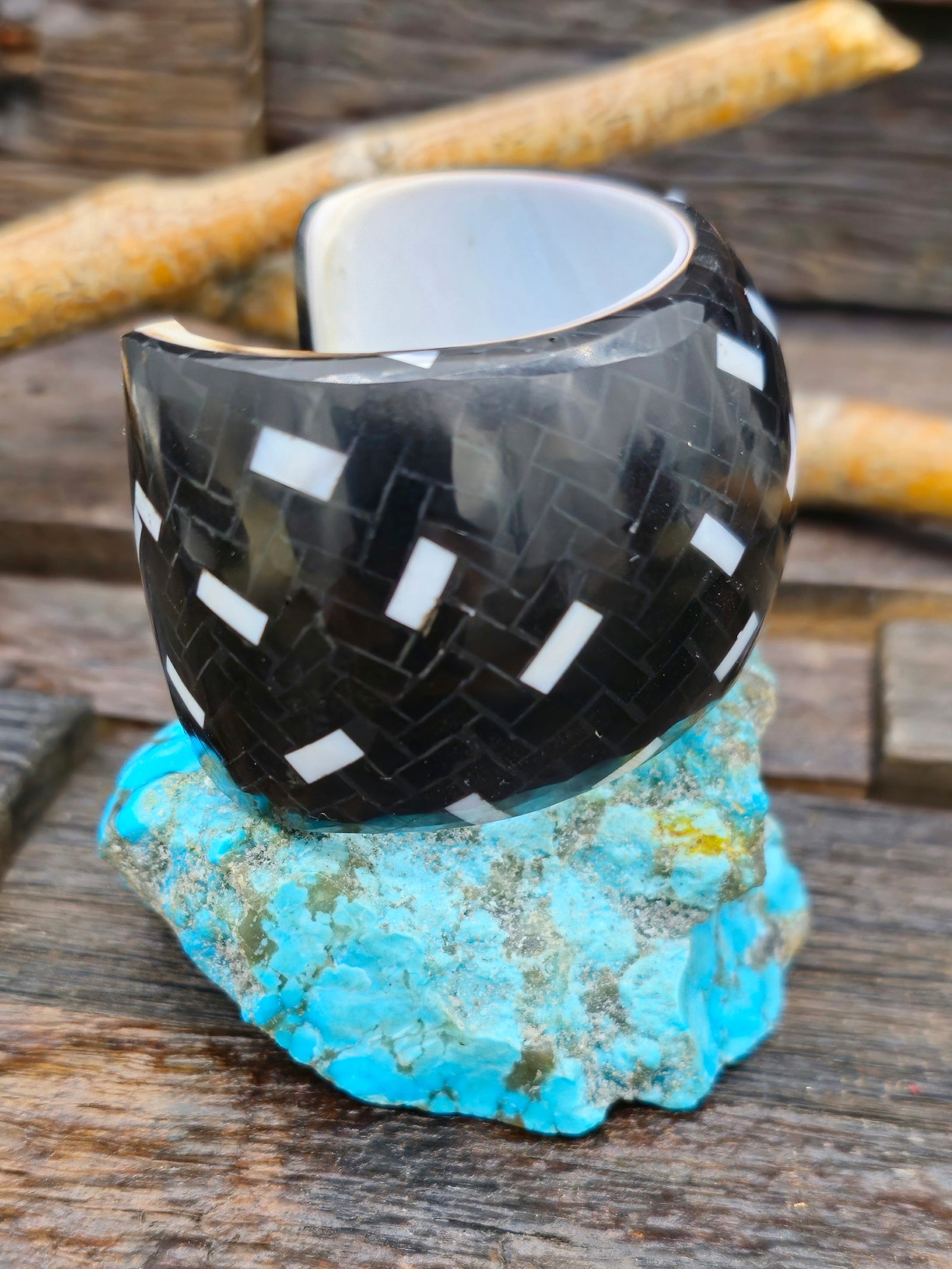 Jet and Mother of Pearl Inlay Cuff by Charlene Reano - 6 1/2 in.