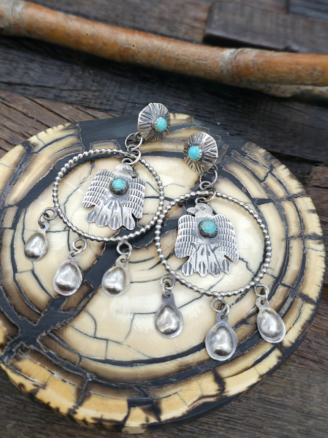 Sterling Silver and Turquoise Stamped Thunderbird Earrings by Gabrielle Yazzie