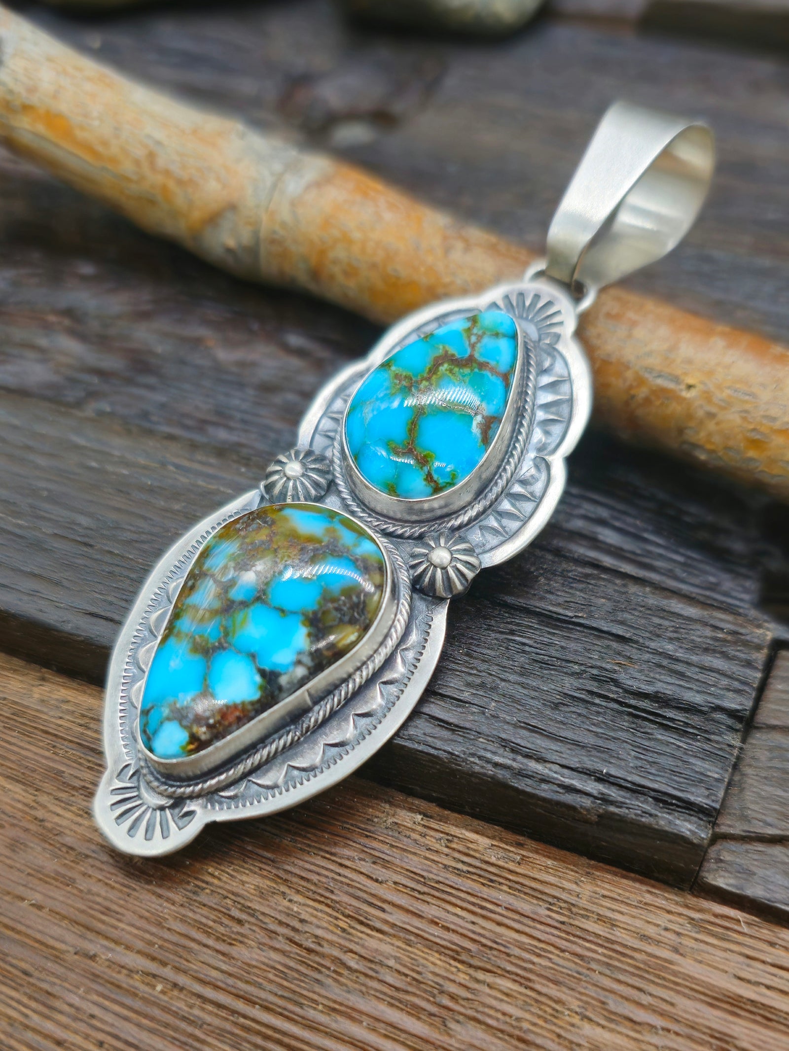 Sterling Silver Two-Stone Turquoise Pendant by Darrin Livingston