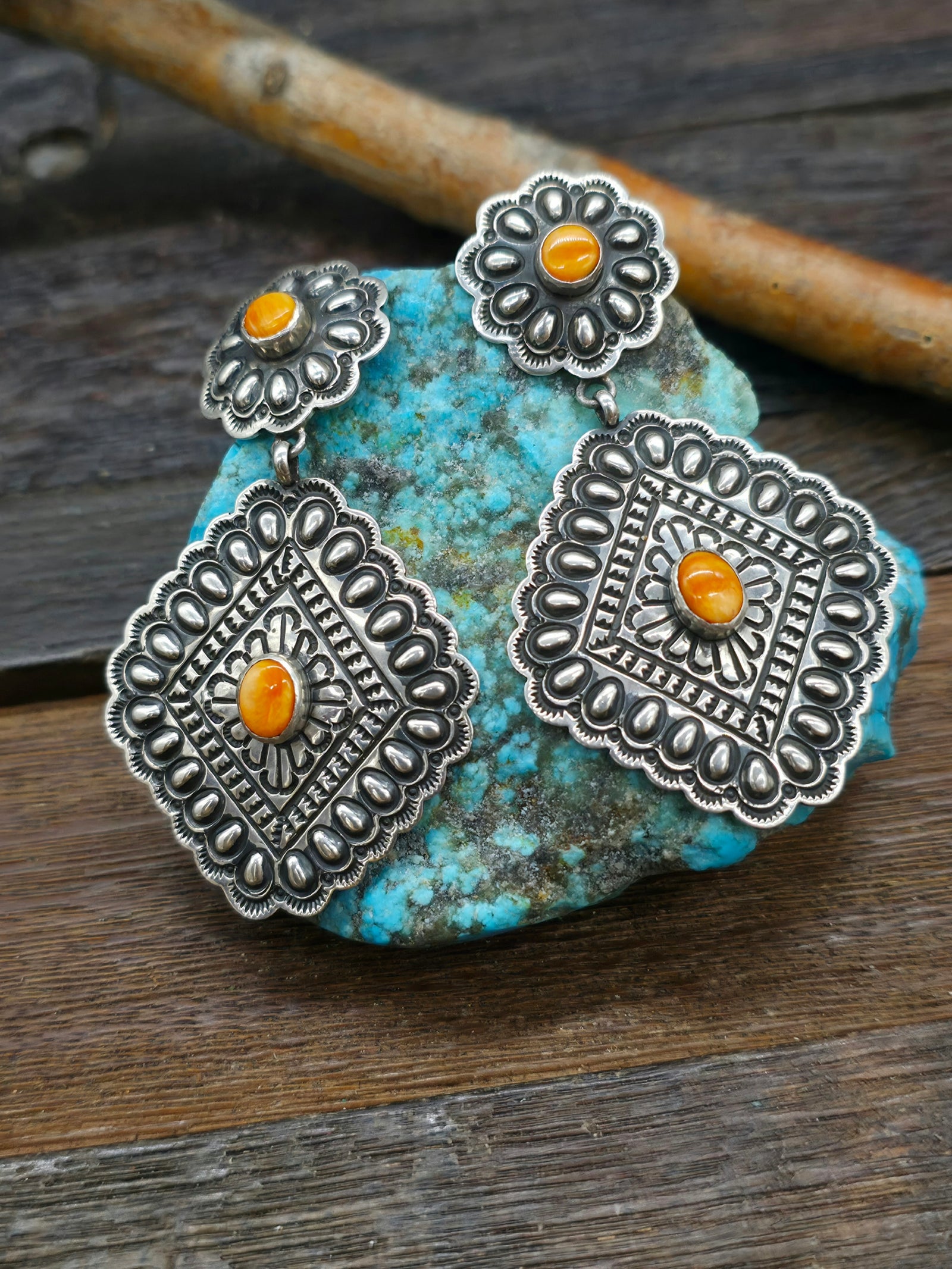 Stamped Sterling Silver and Spiny Oyster Earrings by T.O. White