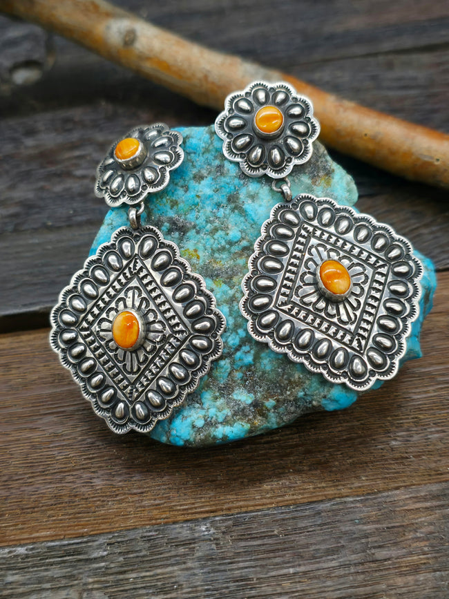 Stamped Sterling Silver and Spiny Oyster Earrings by T.O. White