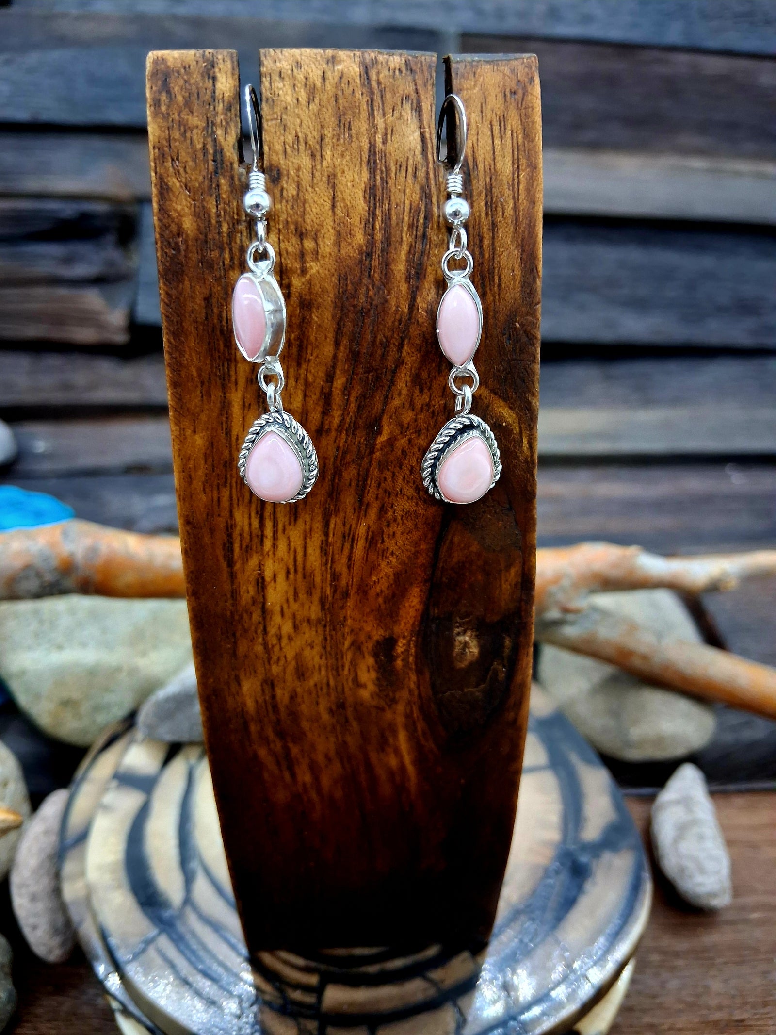 Sterling Silver w/ Pink Conch Hook Teardrop Dangle Earrings by Danny Clark
