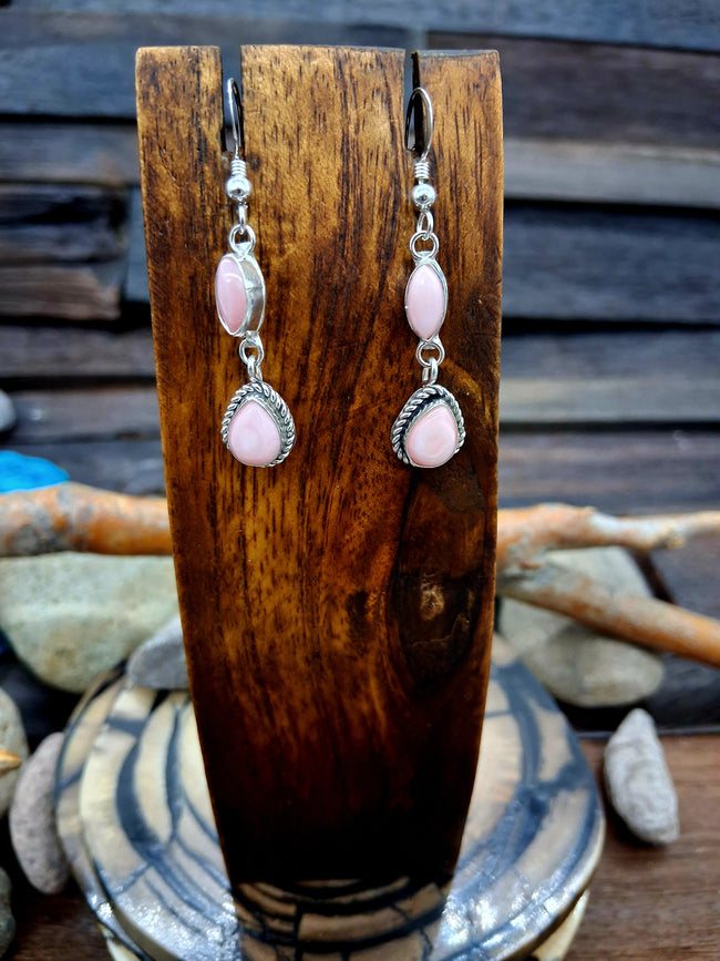Sterling Silver w/ Pink Conch Hook Teardrop Dangle Earrings by Danny Clark