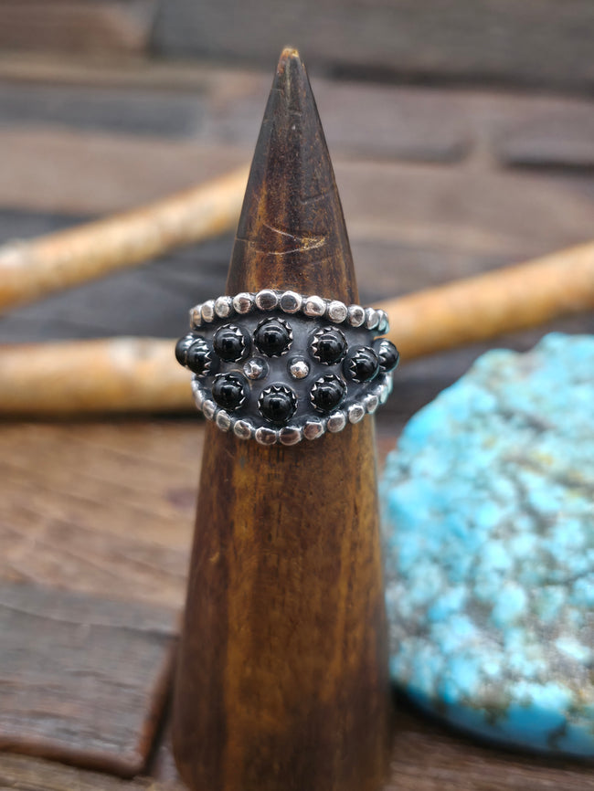 Black Onyx Raindrop Sterling Silver Shadowbox Band Ring - Size 9.5