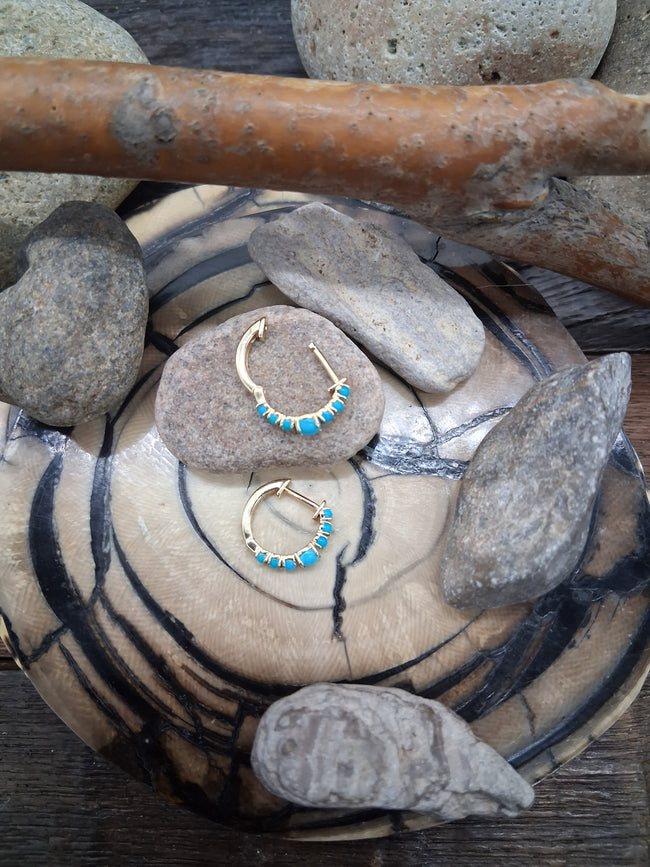 14 KT Gold Sleeping Beauty Turquoise Inlay Small Hoop Earrings
