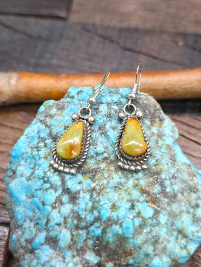 Sterling Silver Green Turquoise Earrings by Richard Jim - 1 1/2 in. by 1/2 in.