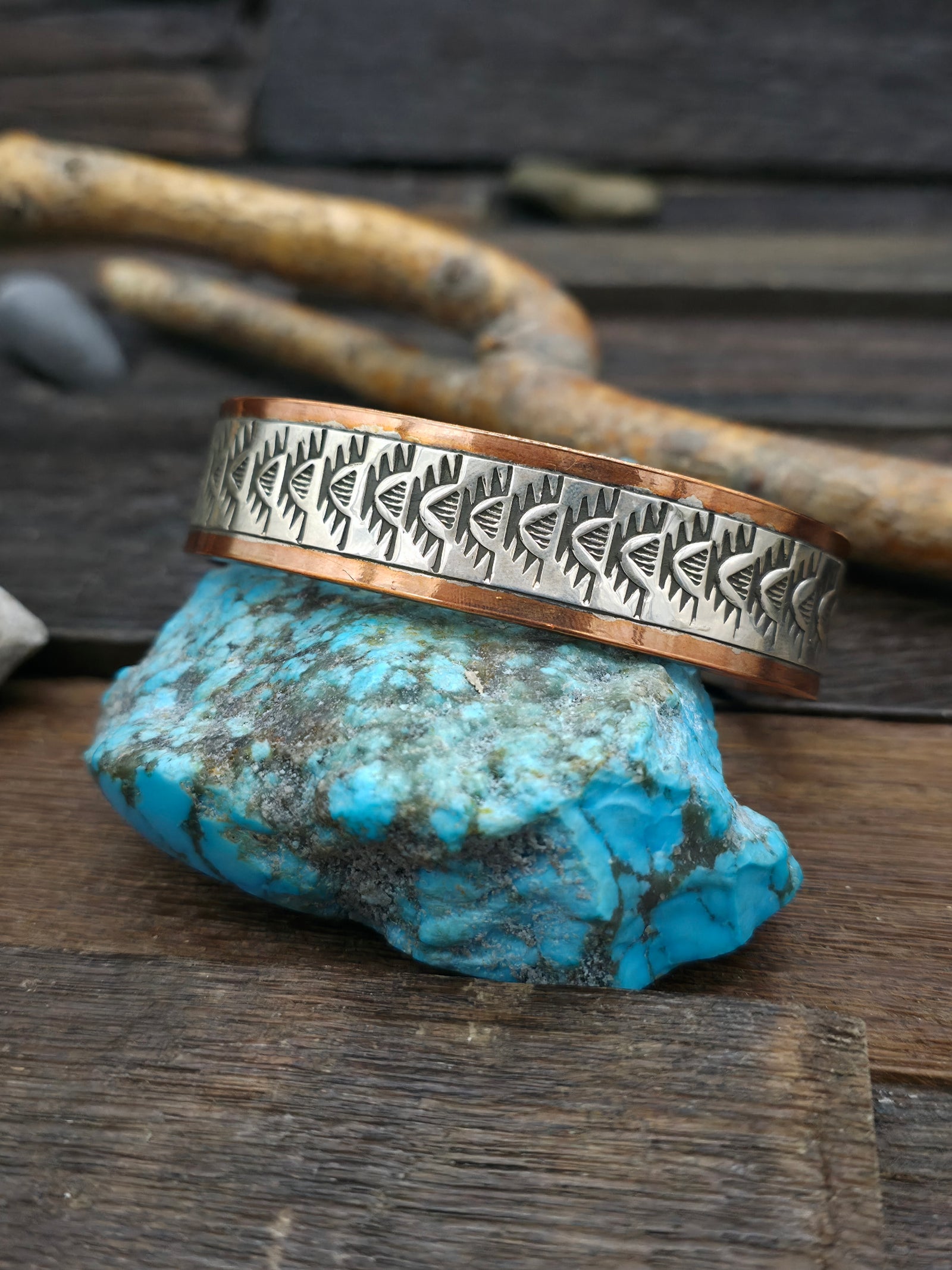 Copper and Stamped Sterling Silver Cuff by Wylie Secatero - 7 1/2 in. w/Gap