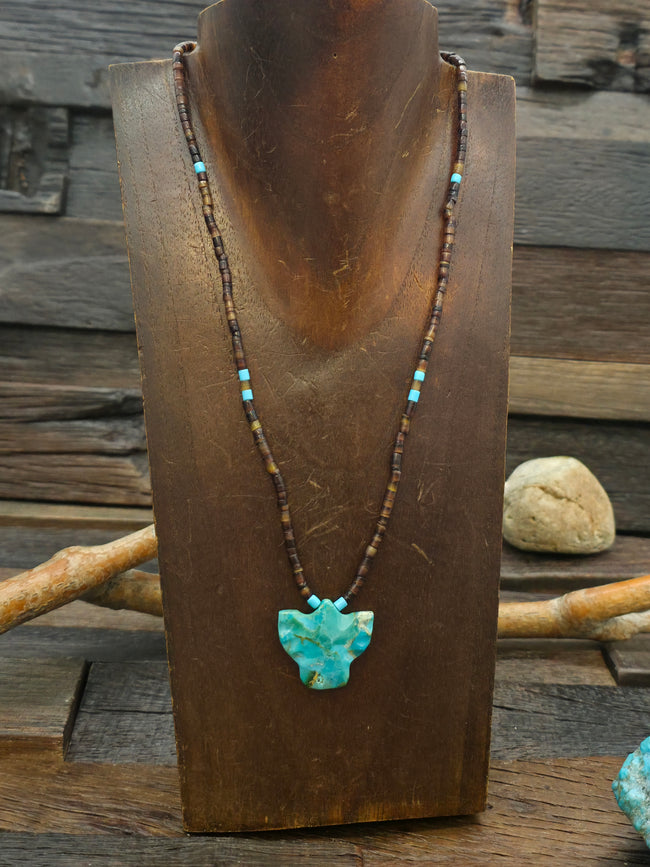 Olive Shell Heishi and Turquoise Stone Bird Necklace by Matt Mitchell - 18 in.