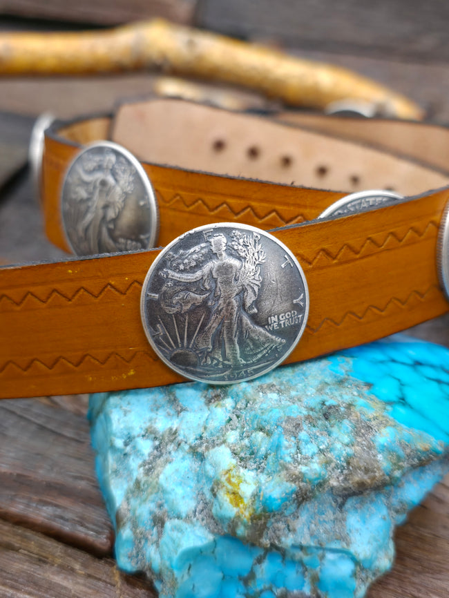 Brown Leather Hat Band with Liberty Half Dollars - 27 in.