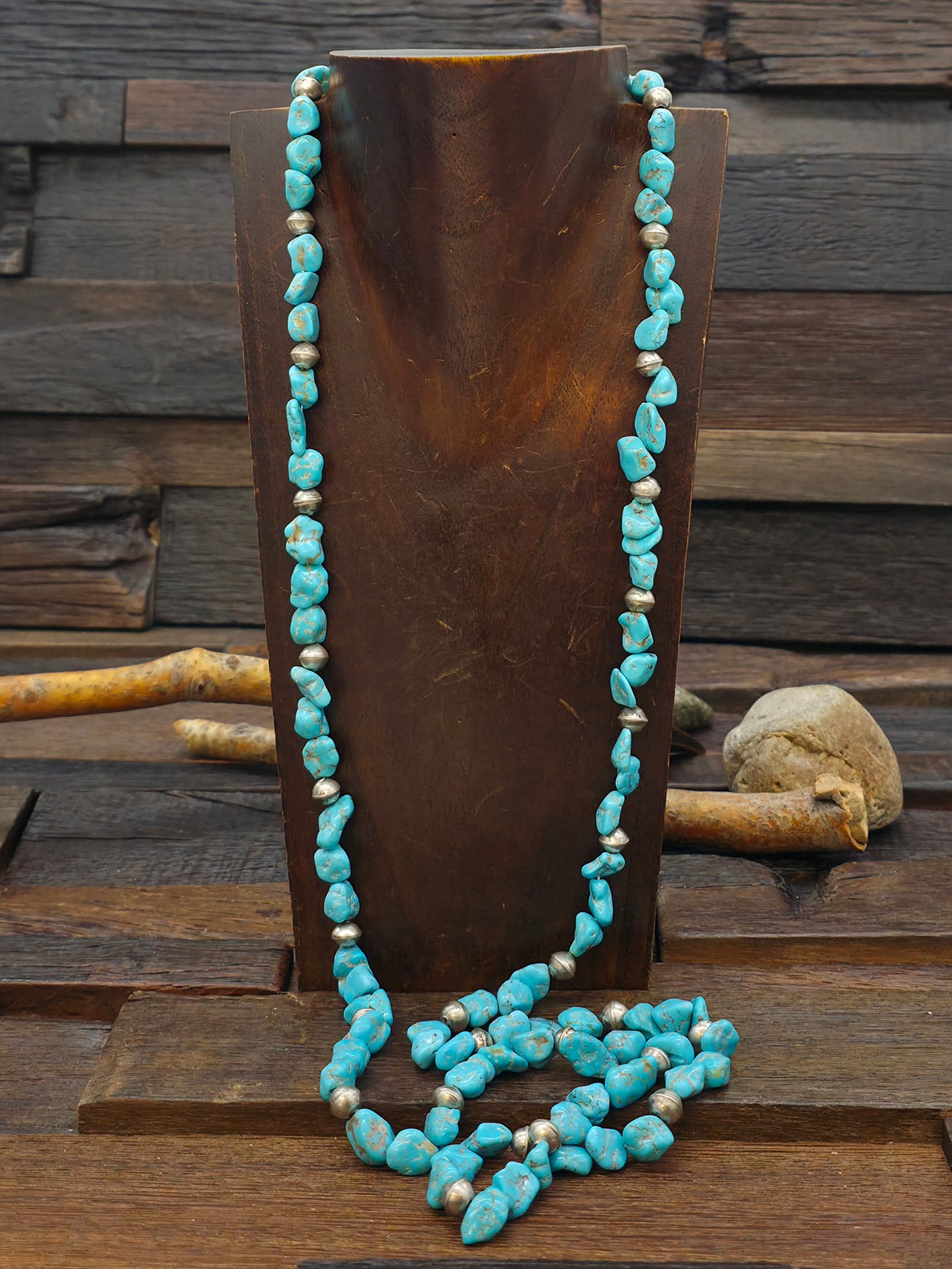 Blue Turquoise Nugget Necklace with Sterling Silver Beads - 40 in.