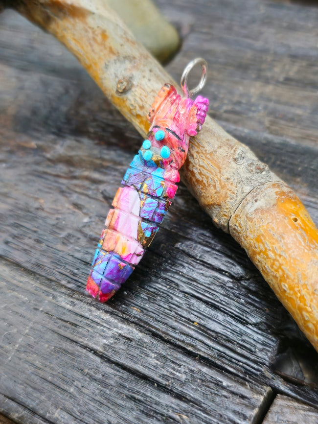 Mojave Turquoise and Spiny Oyster Composite Carved Corn Maiden Pendant