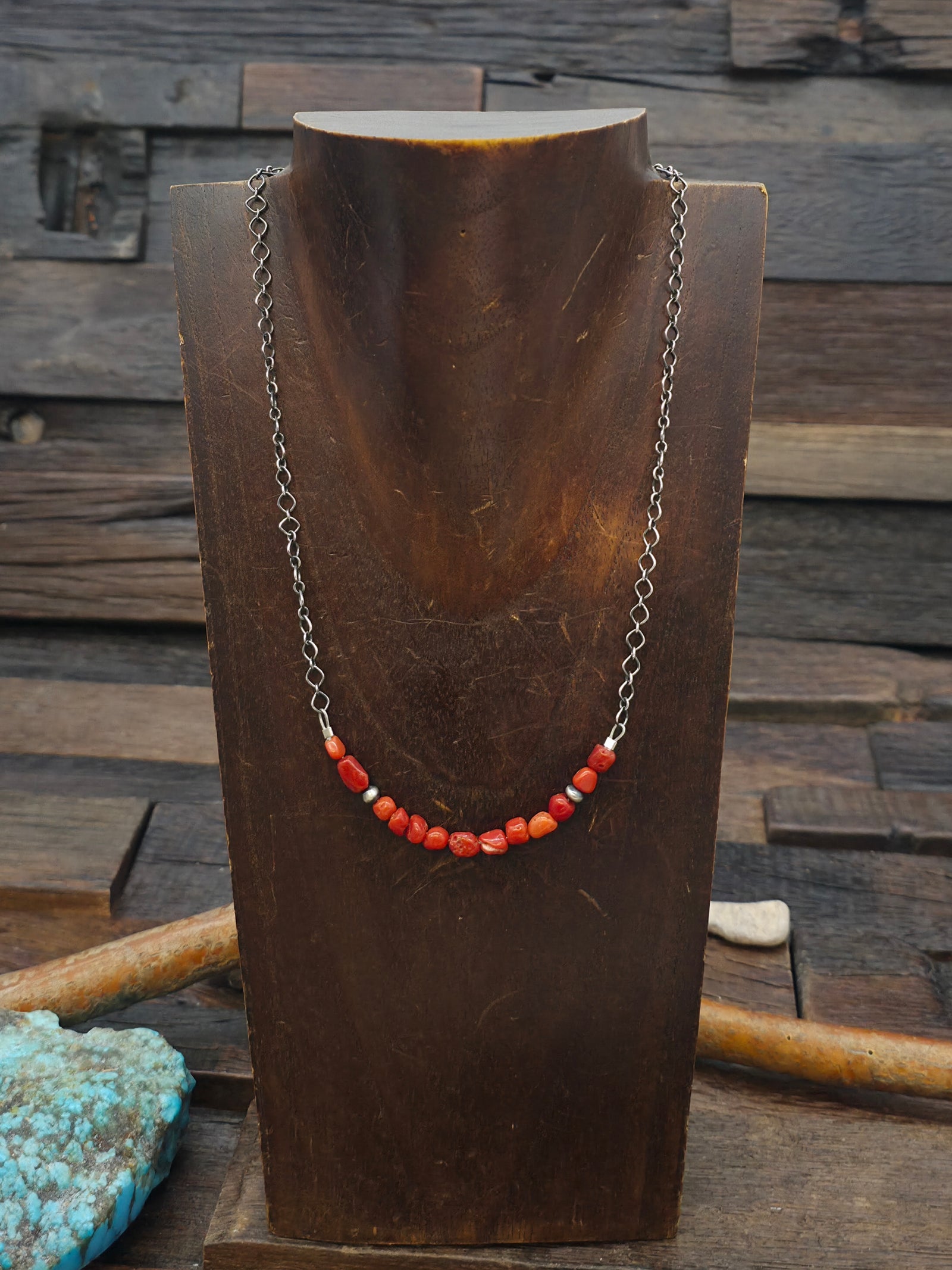 Mini Coral Nugget and Sterling Silver Bead Necklace on Sterling Silver Chain - 17 1/2 in.