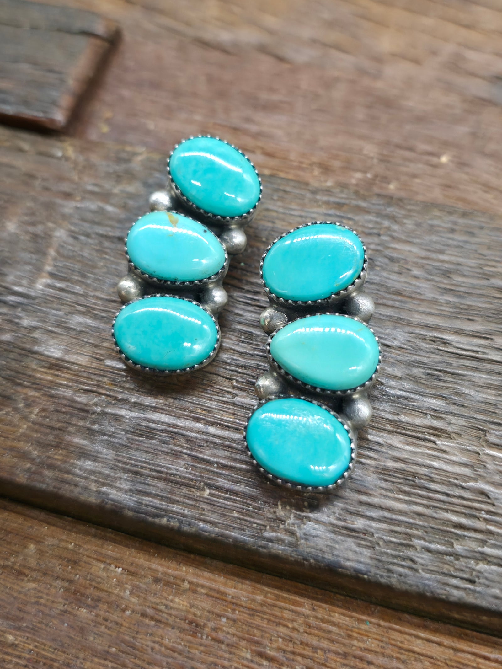 Three Stone Sterling Silver Turquoise Post Earrings by Hiram Largo - 1 1/4 in. by 1/2 in.