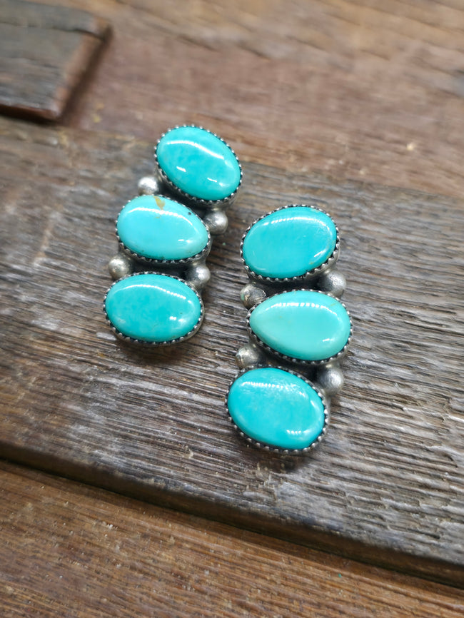 Three Stone Sterling Silver Turquoise Post Earrings by Hiram Largo - 1 1/4 in. by 1/2 in.