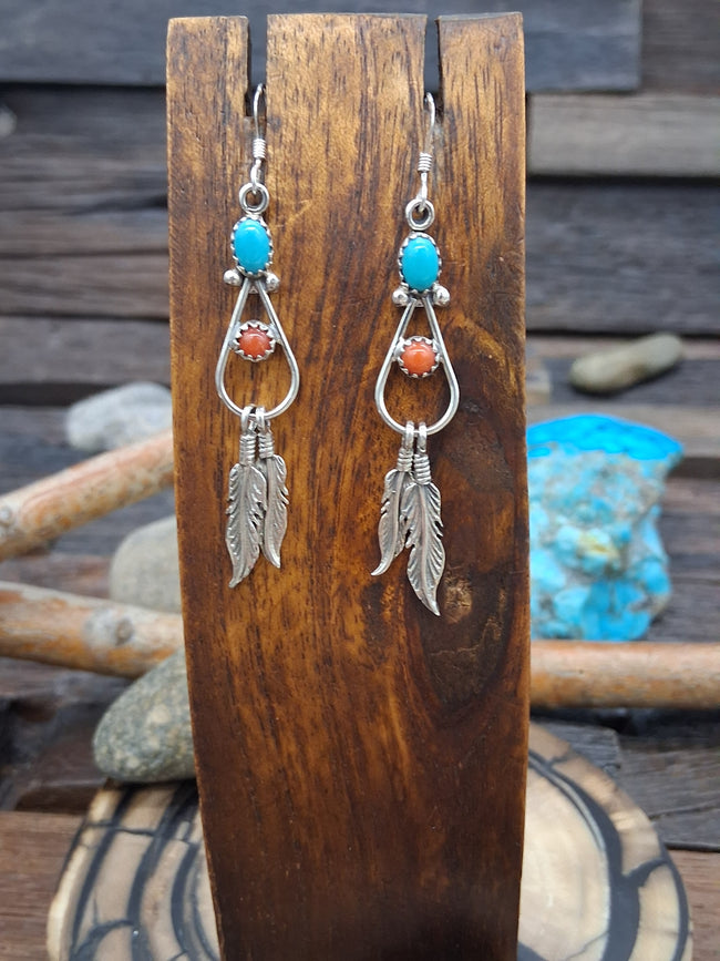 Coral and Turquoise Feather Earrings by Annie Spencer